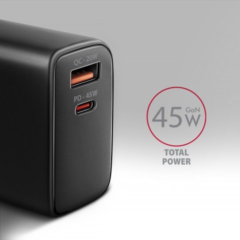 ACU-PQ45 Ładowarka sieciowa 2-port QC3.0,4.0/AFC/FCP/PPS/Apple + PD type-C, 45W, Czarna ACU-PQ45 Ładowarka sieciowa 2-port QC3.0,4.0/AFC/FCP/PPS/Apple + PD type-C, 45W, Czarna