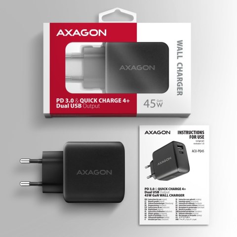 ACU-PQ45 Ładowarka sieciowa 2-port QC3.0,4.0/AFC/FCP/PPS/Apple + PD type-C, 45W, Czarna ACU-PQ45 Ładowarka sieciowa 2-port QC3.0,4.0/AFC/FCP/PPS/Apple + PD type-C, 45W, Czarna