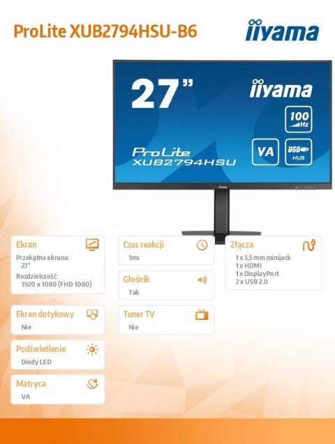 Monitor 27 cali ProLite XUB2794HSU-B6 VA,FHD,100HZ,4000:1,1MS,HDMI,DP,2xUSB, FreeSync,2x2W,HAS(150mm),PIVOT