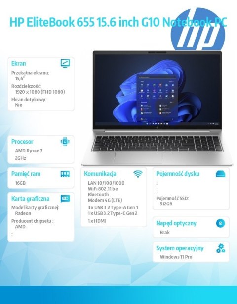 Notebook EliteBook 655 G10 R7-7730U 512GB/16GB/W11P/15.6 968N2ET Notebook EliteBook 655 G10 R7-7730U 512GB/16GB/W11P/15.6 968N2ET