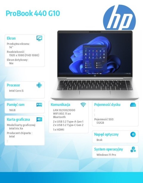 Notebook ProBook 440 G10 i5-1335U 512GB/16GB/W11P/14.0 968R2ET Notebook ProBook 440 G10 i5-1335U 512GB/16GB/W11P/14.0 968R2ET
