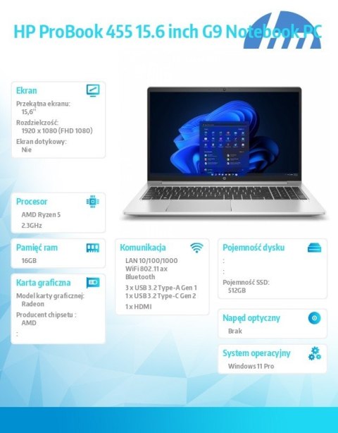 Notebook ProBook 455 G9 R5-5625U 512GB/16GB/W11P/15.6 9M3U3AT