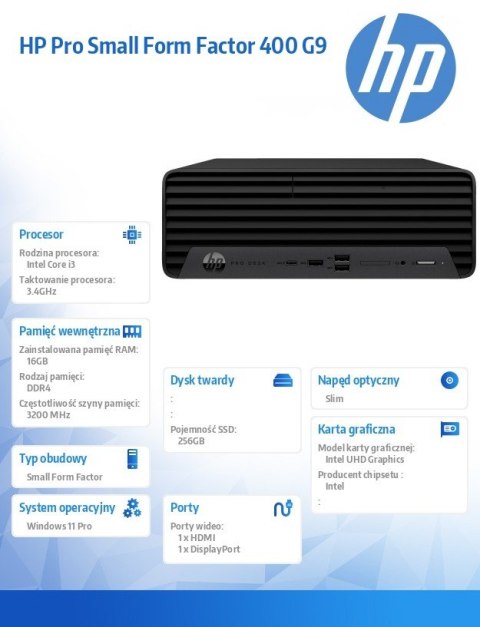 Komputer stacjonarny Pro Small Form Factor 400 G9 i3-13100 256GB/16GB/DVD/W11P 881J2EA Komputer stacjonarny Pro Small Form Factor 400 G9 i3-13100 256GB/16GB/DVD/W11P 881J2EA