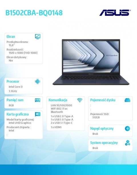 Notebook ExpertBook B1502CBA-BQ0148 i3 1215U 8/512/int/noOS/15,6"/ gwar. 36 miesięcy ON-SITE NBD
