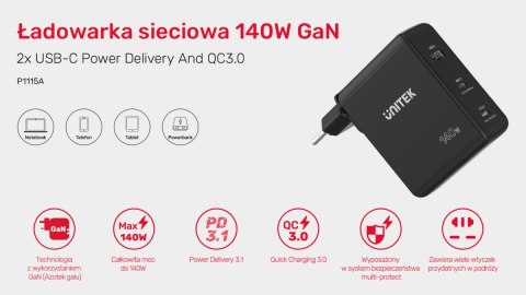 Ładowarka Sieciowa GAN 3 Porty 2x USB-C 1x USB-A 140W; P1115A Ładowarka Sieciowa GAN 3 Porty 2x USB-C 1x USB-A 140W; P1115A