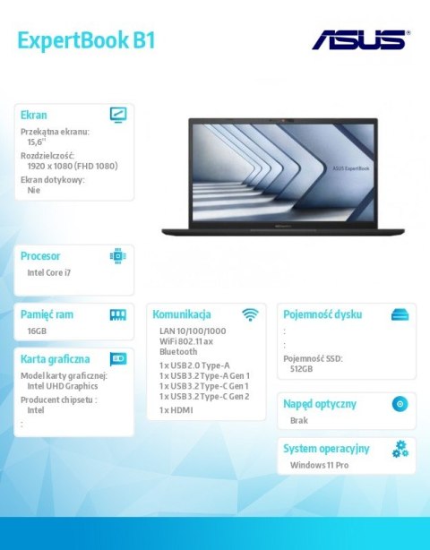 Notebook ExpertBook B1 B1502CVA-BQ0112X - i7-1355U/16GB/512GB/15.6" FHD/Win 11 PRO/3YRS Notebook ExpertBook B1 B1502CVA-BQ0112X - i7-1355U/16GB/512GB/15.6" FHD/Win 11 PRO/3YRS