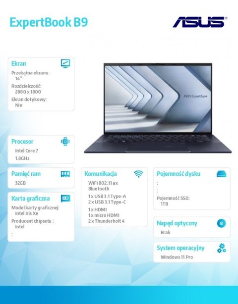 Notebook ExpertBook B9 B9403CVAR-KM0682X - 7 150U/32GB/1TB/14 cali WQXGA+ OLED/Win 11 PRO/3YRS