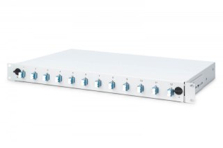 Przełącznica światłowodowa/panel krosowy z wyposażeniem 19 cali 1U, 12x LC duplex, OS2, zawiera pigtaile, adaptery, tacki, wysuw