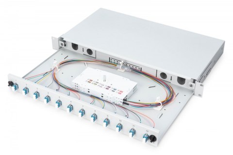 Przełącznica światłowodowa/panel krosowy z wyposażeniem 19 cali 1U, 12x LC duplex, OS2, zawiera pigtaile, adaptery, tacki, wysuw Przełącznica światłowodowa/panel krosowy z wyposażeniem 19 cali 1U, 12x LC duplex, OS2, zawiera pigtaile, adaptery, tacki, wysuw