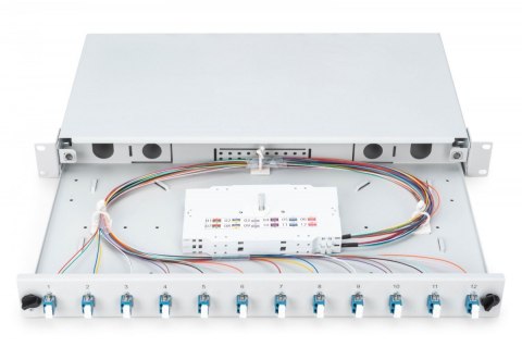 Przełącznica światłowodowa/panel krosowy z wyposażeniem 19 cali 1U, 12x LC duplex, OS2, zawiera pigtaile, adaptery, tacki, wysuw Przełącznica światłowodowa/panel krosowy z wyposażeniem 19 cali 1U, 12x LC duplex, OS2, zawiera pigtaile, adaptery, tacki, wysuw
