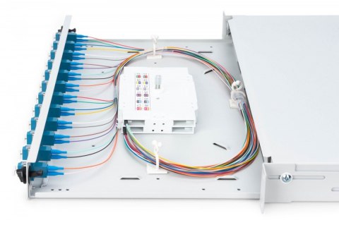 Przełącznica światłowodowa/panel krosowy z wyposażeniem 19 cali 1U, 12x LC duplex, OS2, zawiera pigtaile, adaptery, tacki, wysuw Przełącznica światłowodowa/panel krosowy z wyposażeniem 19 cali 1U, 12x LC duplex, OS2, zawiera pigtaile, adaptery, tacki, wysuw