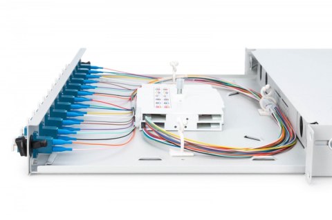 Przełącznica światłowodowa/panel krosowy z wyposażeniem 19 cali 1U, 12x LC duplex, OS2, zawiera pigtaile, adaptery, tacki, wysuw Przełącznica światłowodowa/panel krosowy z wyposażeniem 19 cali 1U, 12x LC duplex, OS2, zawiera pigtaile, adaptery, tacki, wysuw
