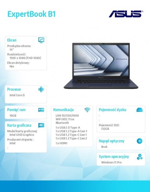 Notebook ExpertBook B1 B1402CVA-EB1301X - i5-1335U/16GB/512GB/14 FHD/Win 11 PRO/3YRS