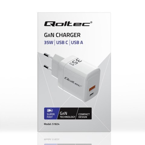 Ładowarka sieciowa 35W GaN | 5-20V | 1.5-3A | 1xUSB-C PD | 1xUSB QC 3.0 | Biała