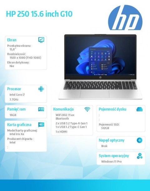 Notebook 250 G10 i7-1355U 512GB/16GB/W11Pro/15,6 cali AD1A8ET