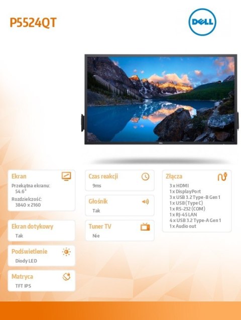 Monitor 54.6 cala P5524QT Touch IPS LED UHD 4K(3840x2160)/16:9/DP/HDMI/USB-C/RS232/USB/RJ45/Głośniki/3Y Monitor 54.6 cala P5524QT Touch IPS LED UHD 4K(3840x2160)/16:9/DP/HDMI/USB-C/RS232/USB/RJ45/Głośniki/3Y