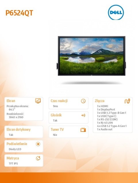 Monitor 64.5 cala P6524QT Touch IPS LED UHD 4K(3840x2160)/16:9/DP/HDMI/USB-C/RS232/USB/RJ45/Głośniki/3Y Monitor 64.5 cala P6524QT Touch IPS LED UHD 4K(3840x2160)/16:9/DP/HDMI/USB-C/RS232/USB/RJ45/Głośniki/3Y