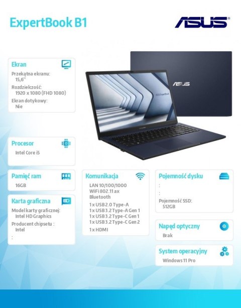 Notebook ExpertBook B1 B1502CVA-BQ0110X16 i5-1335U/16GB/512GB/15.6 FHD/Win 11 PRO/3YRS Notebook ExpertBook B1 B1502CVA-BQ0110X16 i5-1335U/16GB/512GB/15.6 FHD/Win 11 PRO/3YRS