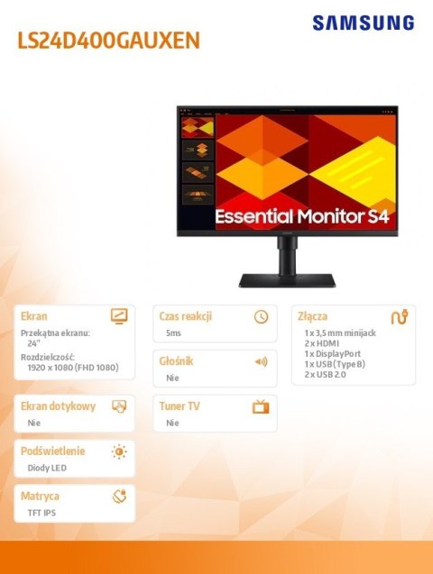 Monitor 24 cale S40GD IPS 1920x1080 FHD 16:9 2xHDMI 1xDP 2xUSB-A 2.0 1xUSB-B 5ms 100Hz HAS+PIV płaski 3YOn-Site (LS24D400GAUXEN)