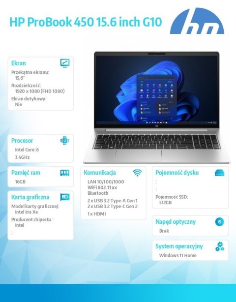 Notebook 450 G10 i5-1334U 16GB/512GB/15.6 cali FHD/Win11Home/ AD1G7ET Notebook 450 G10 i5-1334U 16GB/512GB/15.6 cali FHD/Win11Home/ AD1G7ET