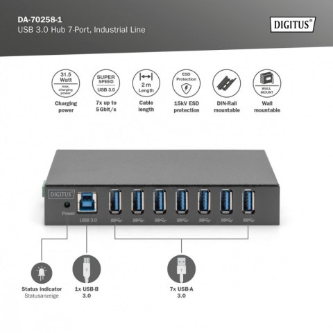 Hub/Koncentrator przemysłowy 7-portowy USB 3.0 SuperSpeed aktywny, metalowa konstrukcja, szyna DIN Hub/Koncentrator przemysłowy 7-portowy USB 3.0 SuperSpeed aktywny, metalowa konstrukcja, szyna DIN