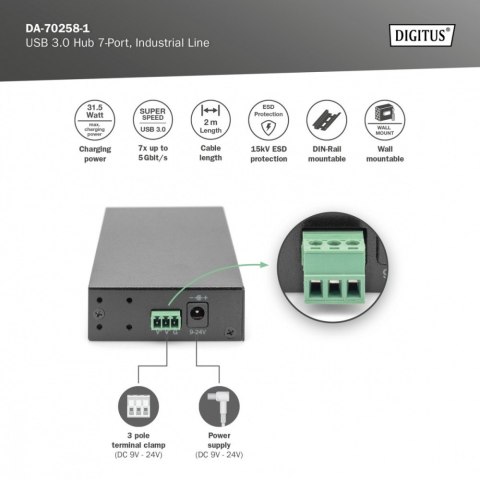Hub/Koncentrator przemysłowy 7-portowy USB 3.0 SuperSpeed aktywny, metalowa konstrukcja, szyna DIN Hub/Koncentrator przemysłowy 7-portowy USB 3.0 SuperSpeed aktywny, metalowa konstrukcja, szyna DIN