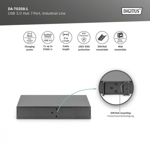 Hub/Koncentrator przemysłowy 7-portowy USB 3.0 SuperSpeed aktywny, metalowa konstrukcja, szyna DIN Hub/Koncentrator przemysłowy 7-portowy USB 3.0 SuperSpeed aktywny, metalowa konstrukcja, szyna DIN