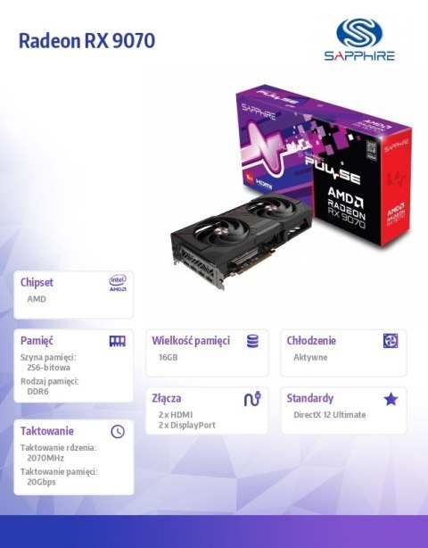 Karta graficzna Radeon RX 9070 PULSE 16GB GDDR6 256bit 2DP/2HDMI Karta graficzna Radeon RX 9070 PULSE 16GB GDDR6 256bit 2DP/2HDMI