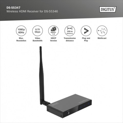 Przedłużacz/Extender splitter HDMI bezprzewodowy 100m 1080p 60Hz FHD 5GHz HDCP 1.3 (odbiornik) Przedłużacz/Extender splitter HDMI bezprzewodowy 100m 1080p 60Hz FHD 5GHz HDCP 1.3 (odbiornik)