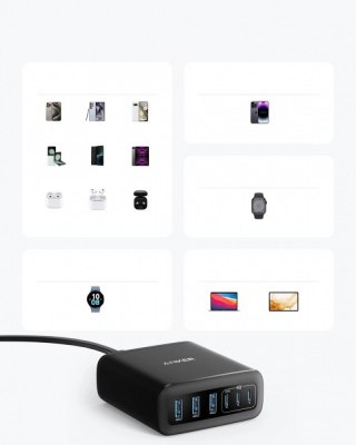 Ładowarka GaN 112W 3xUSB-A 3xUSB-C czarna