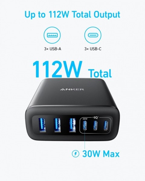 Ładowarka GaN 112W 3xUSB-A 3xUSB-C czarna