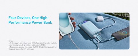 Powerbank ZOLO 20000mAh 30W wbudowany kabel USB-C oraz USB-Lightning, niebieski
