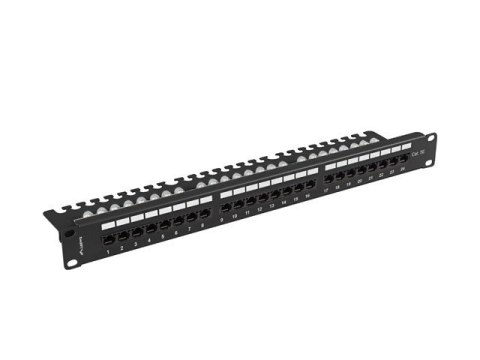 Patch panel 24 porty 1U 19 cali kat.5E UTP z organizerem kablowym, czarny Patch panel 24 porty 1U 19 cali kat.5E UTP z organizerem kablowym, czarny