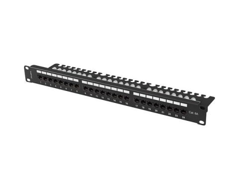 Patch panel 24 porty 1U 19 cali kat.6A UTP z organizerem kablowym, czarny Patch panel 24 porty 1U 19 cali kat.6A UTP z organizerem kablowym, czarny
