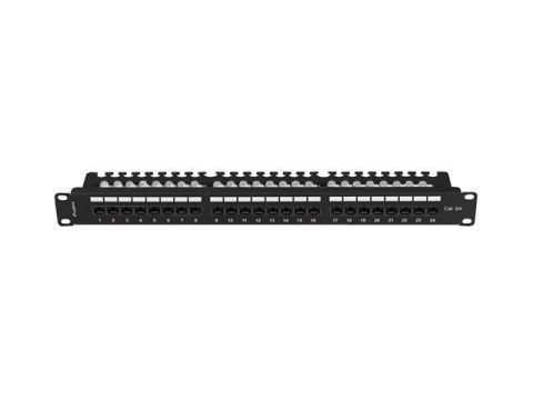 Patch panel 24 porty 1U 19 cali kat.6A UTP z organizerem kablowym, czarny Patch panel 24 porty 1U 19 cali kat.6A UTP z organizerem kablowym, czarny