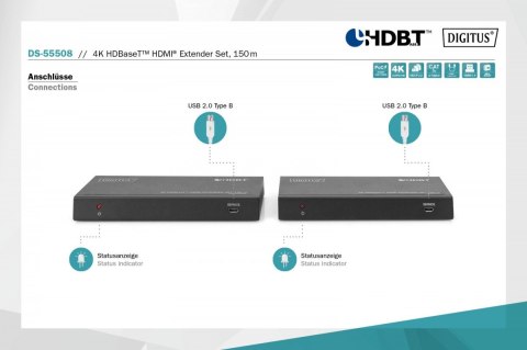 Przedłużacz / Extender HDMI HDBaseT 150m kat.5e/6/74K 60Hz PoC (Power over Cable) IR audio (zestaw)