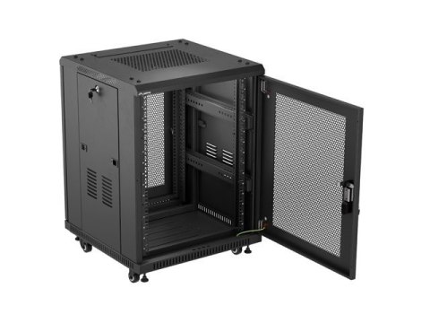 Szafa instalacyjna rack stojąca 19 cali 15U 600x600 drzwi perforowane czarna (Flat pack)