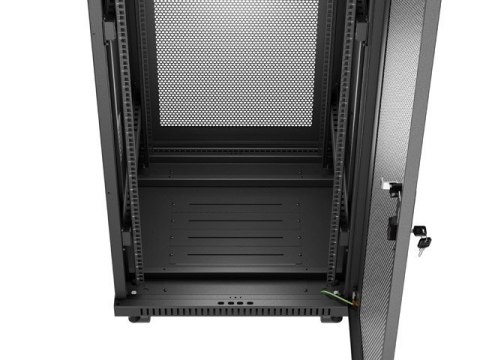 Szafa instalacyjna rack stojąca 19 cali 32U 600x600 drzwi perforowane LCD czarna (Flat pack)