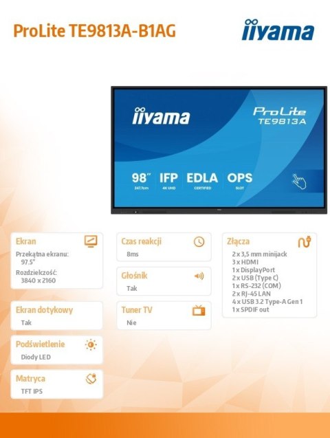 Monitor 98 cali TE9813A-B1AG INFRARED,40pkt,IPS,4K,7H,450cd/m2, WiFi,USB, ANDROID 14, Google EDLA,2x20W, UCHWYT CIENNY