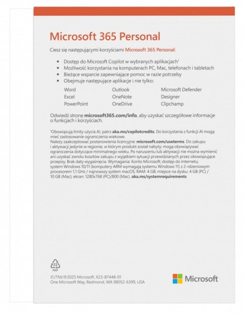 M365 Personal PL 1Y 1U 5D Win/Mac EP2-32454 Zastępuje P/N: QQ2-01752 M365 Personal PL 1Y 1U 5D Win/Mac EP2-32454 Zastępuje P/N: QQ2-01752