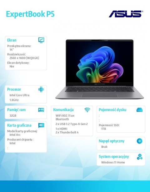 Notebook ExpertBook P5 P5405CSA-NZ0417W Ultra 7 258V 32GB/1TB Win 11Home/3YRS Copilot+PC Notebook ExpertBook P5 P5405CSA-NZ0417W Ultra 7 258V 32GB/1TB Win 11Home/3YRS Copilot+PC