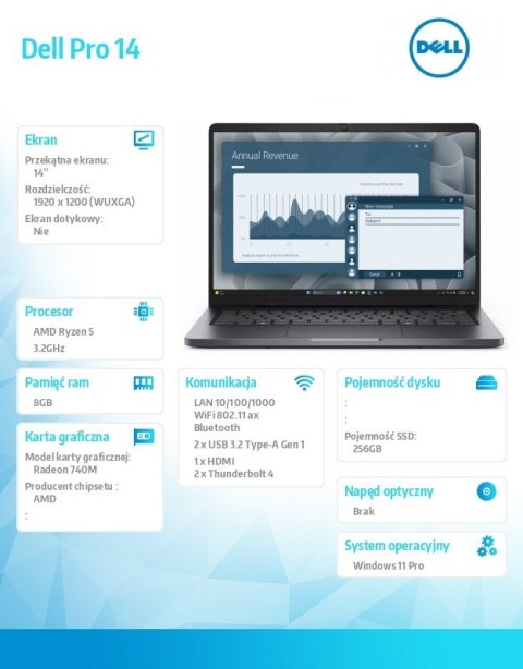 Laptop Dell Pro 14 PC14255/AMD Ryzen 5 220/8GB/256GB/14.0 FHD+/AMD Radeon 740M/FgrPr/Cam&Mic/WLAN+BT/Backlit Kb/3 Cell/W11Pro