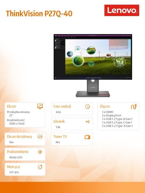 Monitor ThinkVision 27.0 P27Q-40 WLED LCD 64A7GAT6EU Monitor ThinkVision 27.0 P27Q-40 WLED LCD 64A7GAT6EU