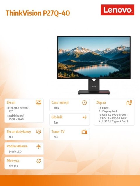 Monitor ThinkVision 27.0 P27Q-40 WLED LCD 64A7ZAT6EU Monitor ThinkVision 27.0 P27Q-40 WLED LCD 64A7ZAT6EU