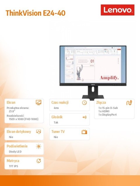 Monitor 23.8 cala ThinkVision E24-40 64BAMAT1EU Monitor 23.8 cala ThinkVision E24-40 64BAMAT1EU