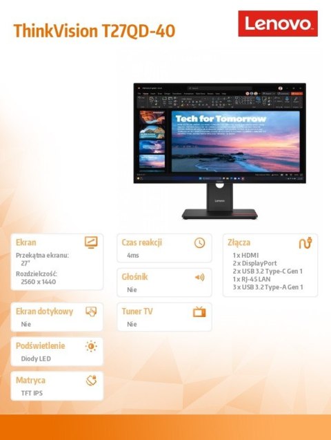 Monitor 27 cali ThinkVision T27QD-40 WLED LCD 64AAZAT2EU