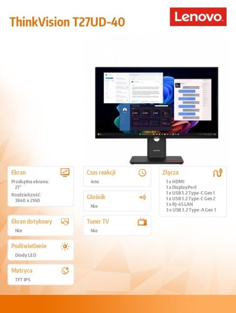 Monitor 27 cali ThinkVision T27UD-40 64AFGAT2EU Monitor 27 cali ThinkVision T27UD-40 64AFGAT2EU