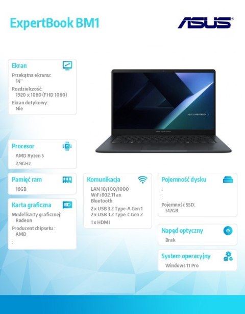 Notebook ExpertBook BM1 BM1403CDA-S60101X - R5 7535U/16GB/512GB/14 FHD/Win 11 PRO/3YRS