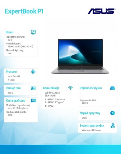 Notebook ExpertBook P1503CVA-S70860W i5-13420H/15.6 cali FHD/16GB/512GB/ Win 11 HOME/3YRS