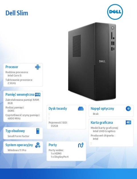Komputer Dell Slim ECS1250 Win11Pro i5-14400/8GB/512GB SSD/Intel UHD 730/WLAN + BT/Kb/Mouse/3YPS